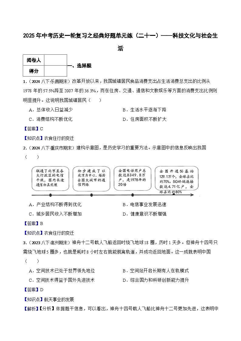 2025年中考历史一轮复习之经典好题单元练（二十一）——科技文化与社会生活(教师版)第1页