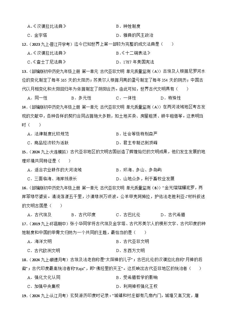2025年中考历史一轮复习之经典好题单元练（二十二）——古代亚非文明(学生版)第3页