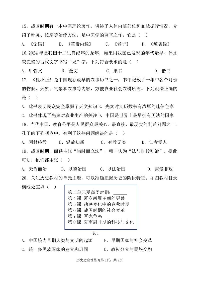 福建省福州市晋安区第三十二中学2024-2025学年七年级上学期期中历史试题第3页