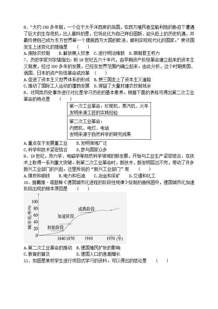 九年级历史学科期末摸底测试试卷第2页