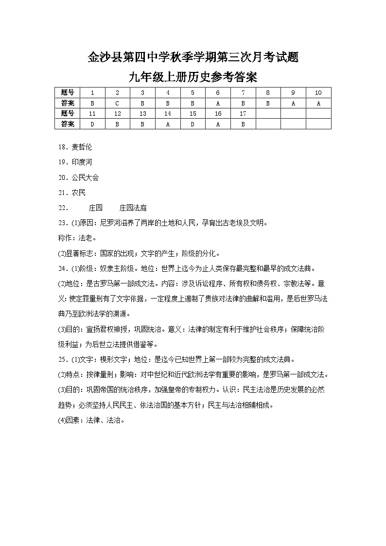 金沙县第四中学秋季学期第三次月考试题九年级上册历史参考答案第1页