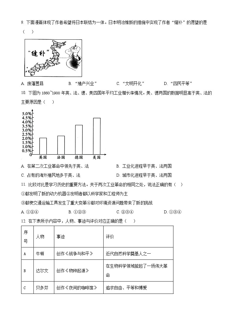 陕西省西安市城六区2024-2025学年九年级11月月考历史试题（含答案）第3页