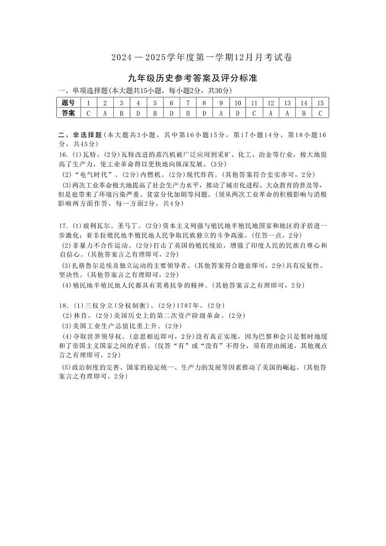 2024—2025学年度第一学期12月月考试卷-九年级历史-参考答案第1页