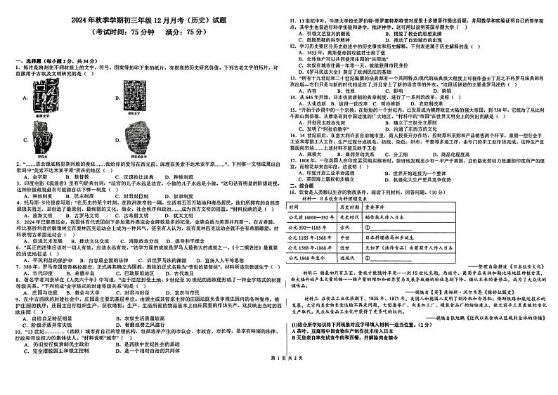 广西壮族自治区钦州市共美学校2024-2025学年九年级上学期12月月考历史试题第1页