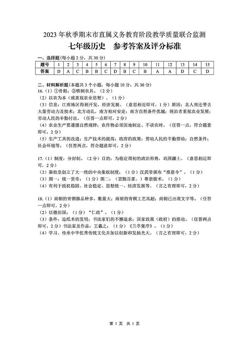 （广元）2023年秋季期末市直属义务教育阶段教学质量联合监测-七年级历史-参考答案第1页