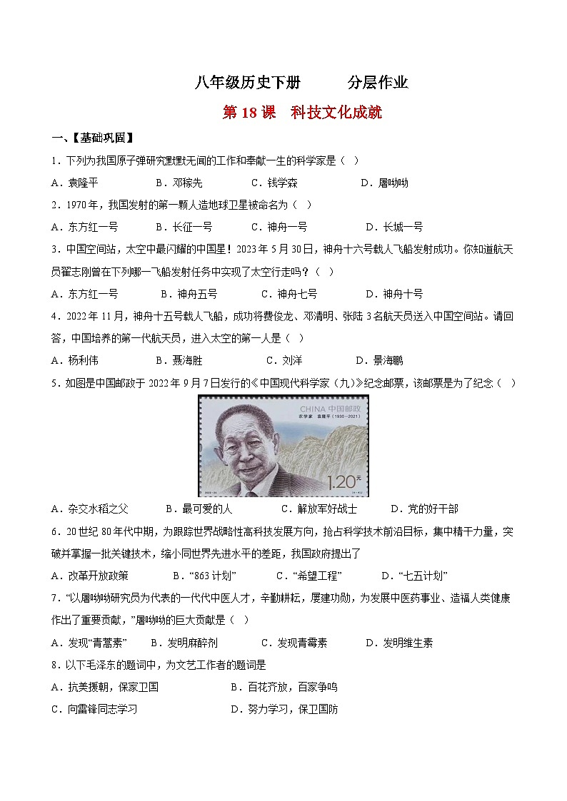人教统编版历史八年级下册18《科技文化成就》（分层作业) （原卷版）第1页