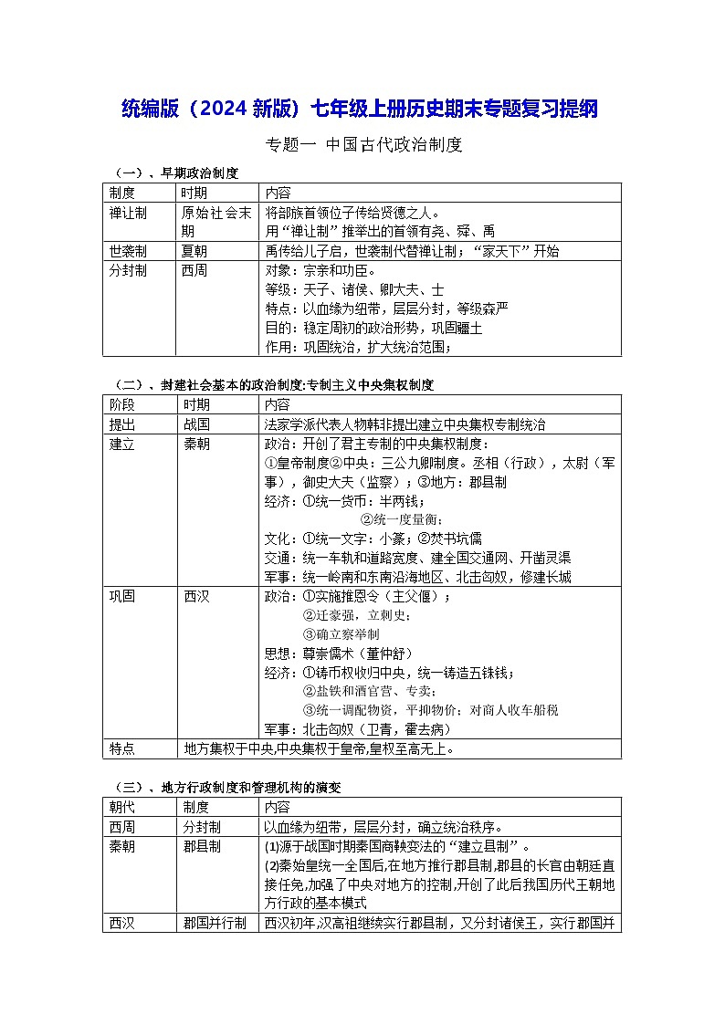 统编版（2024版）七年级上册历史期末专题复习提纲 学案第1页