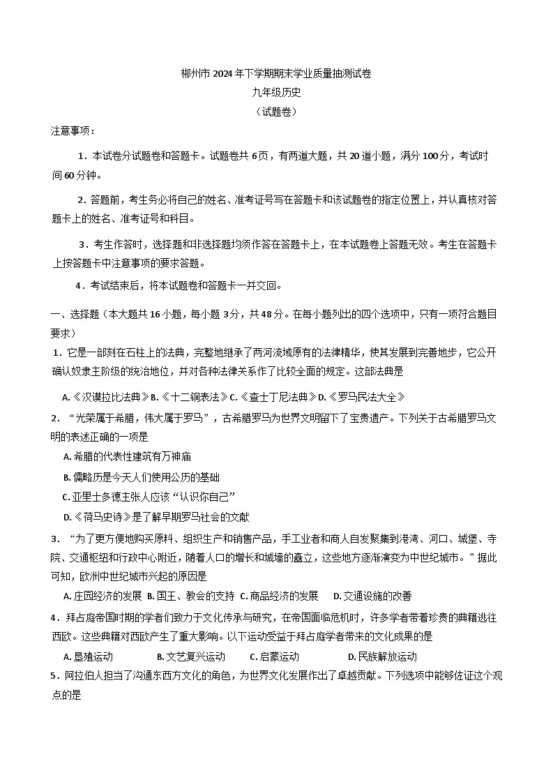 湖南省郴州市2024--2025学年部编版九年级历史上学期期末测试卷（含答案）第1页