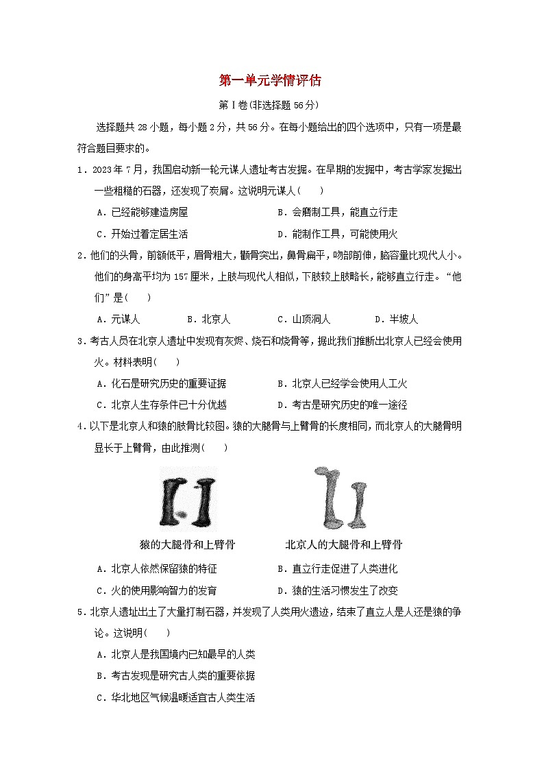 福建省2024七年级历史上册第一单元史前时期原始社会与中华文明的起源学情评估试卷（附答案人教版）第1页