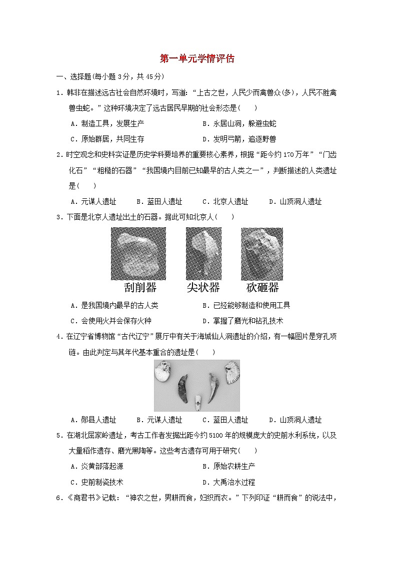 2024七年级历史上册第一单元史前时期原始社会与中华文明的起源学情评估试卷（附答案人教版）第1页