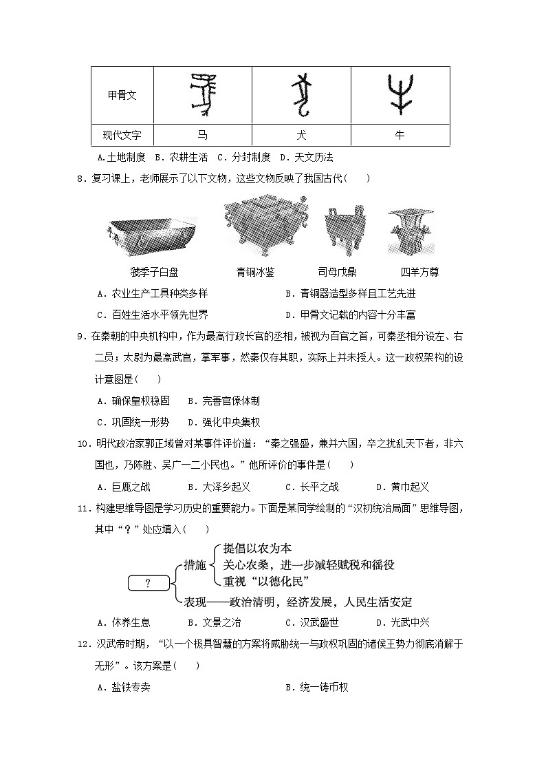 海南省2024七年级历史上学期期末学情评估试卷（附答案人教版）第2页