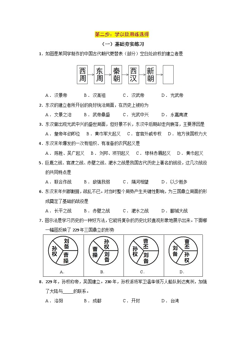 2024—2025学年七上历史期末复习分段分层练习7：13+16课东汉兴衰与三国鼎立（含答案）（2024版人教统编版）第3页