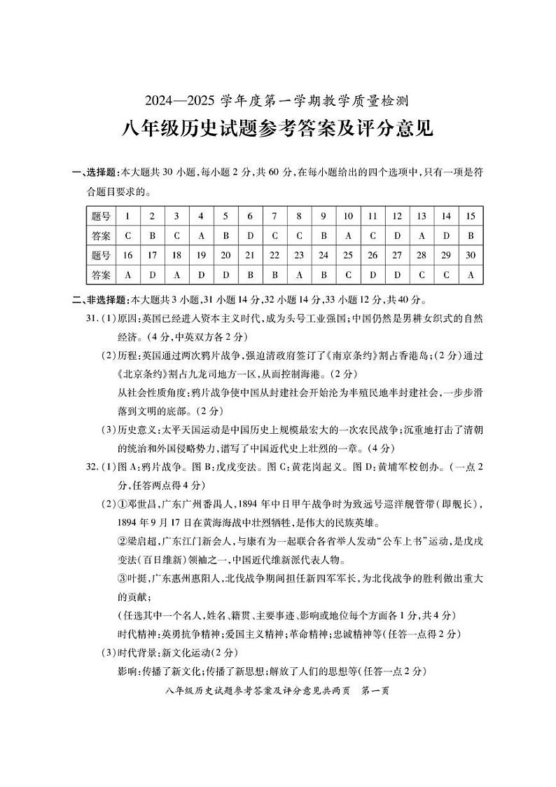 2024-2025学年第一学期潮州饶平八年级历史期末试题含答案 八年历史答案(1)第1页