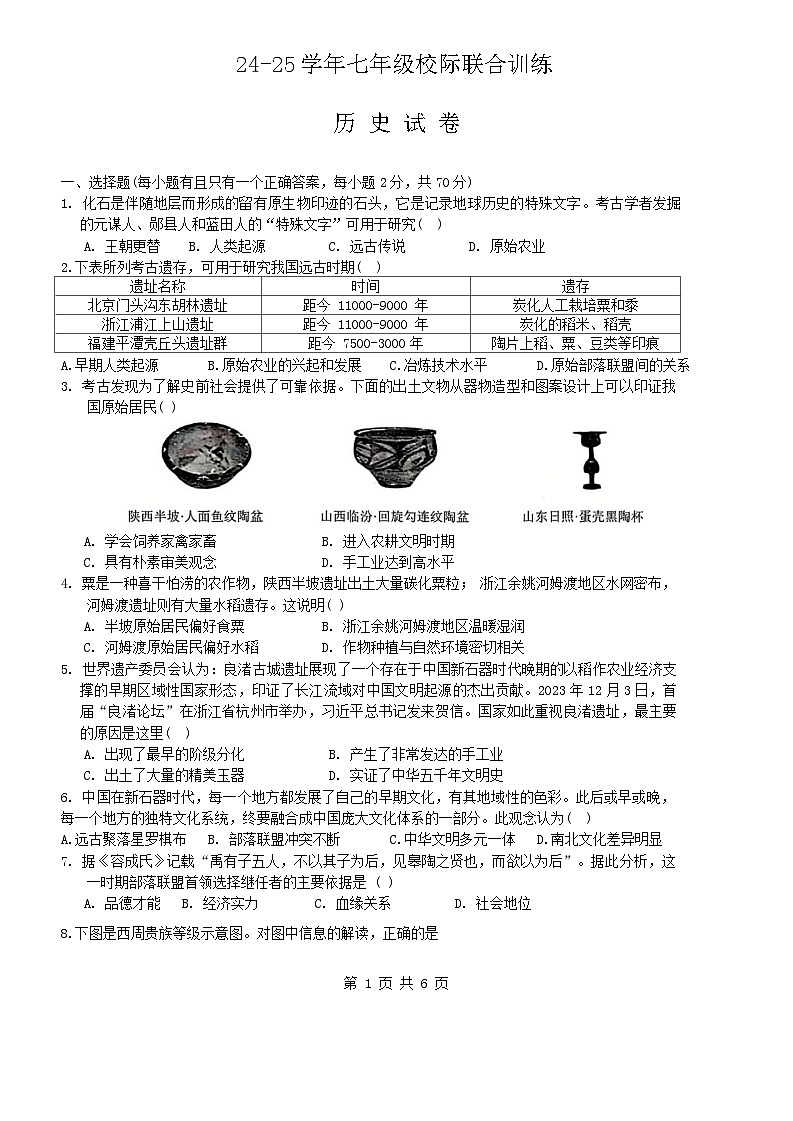 四川省眉山市洪雅县2024-2025学年七年级上学期12月期末历史试题（含答案）第1页