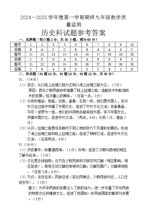 九年历史期末试题答案第1页