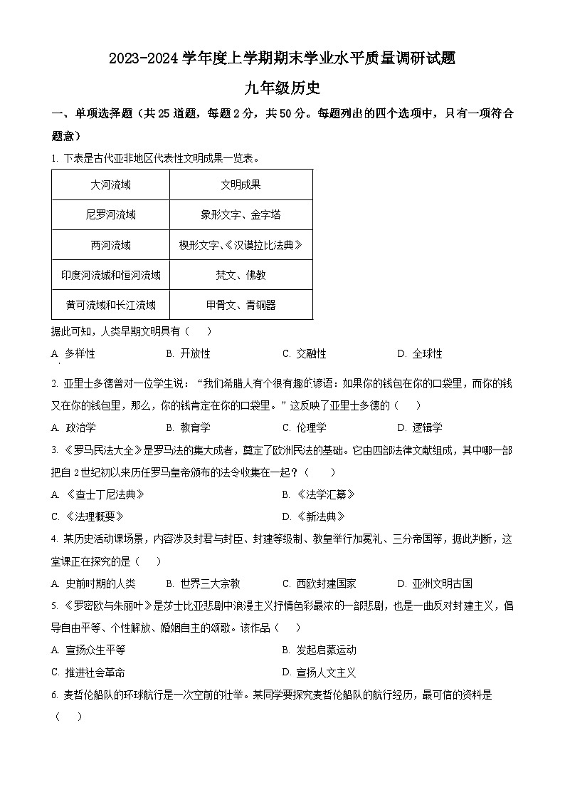 山东省临沂市临沂经济技术开发区2023-2024学年九年级上学期1月期末历史试题（原卷版）第1页