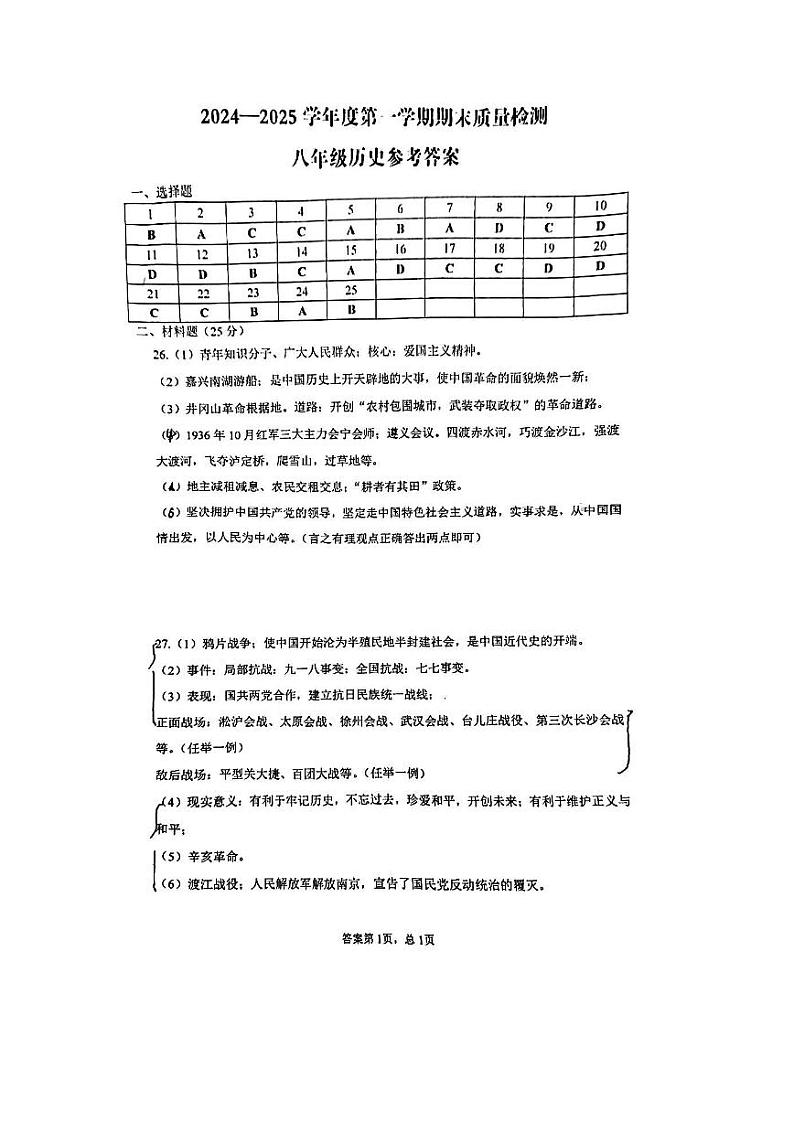 2024—2025学年度第一学期期末质量检测八年级历史参考答案第1页