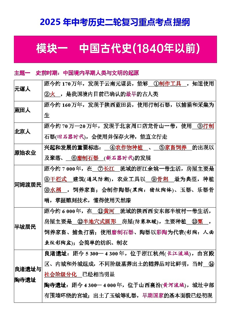 2025年中考历史二轮复习重点考点提纲 学案第1页