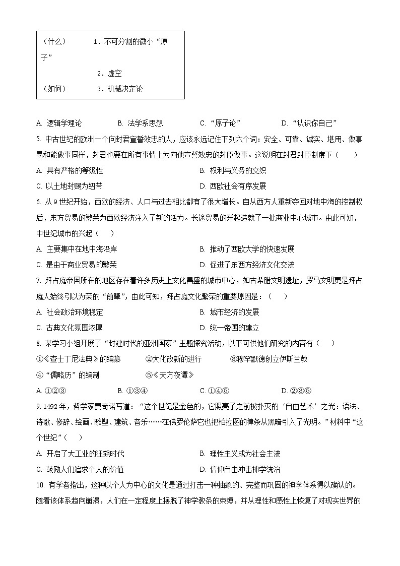 山东省青岛市城阳区2023-2024学年九年级上学期1月期末历史试题（原卷版）第2页
