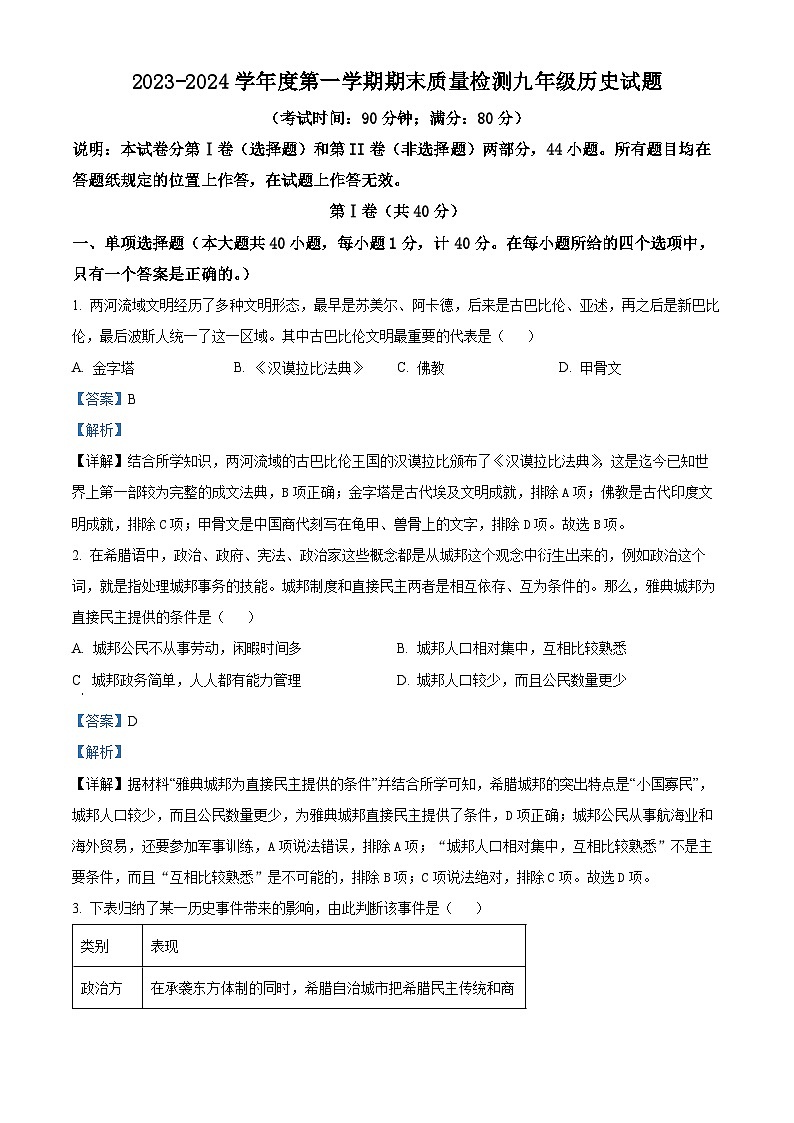 山东省青岛市城阳区2023-2024学年九年级上学期1月期末历史试题（解析版）第1页