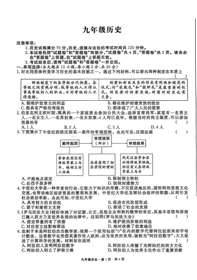 安徽省巢湖市七中2024-2025九年级历史上册期末试卷 历史第1页