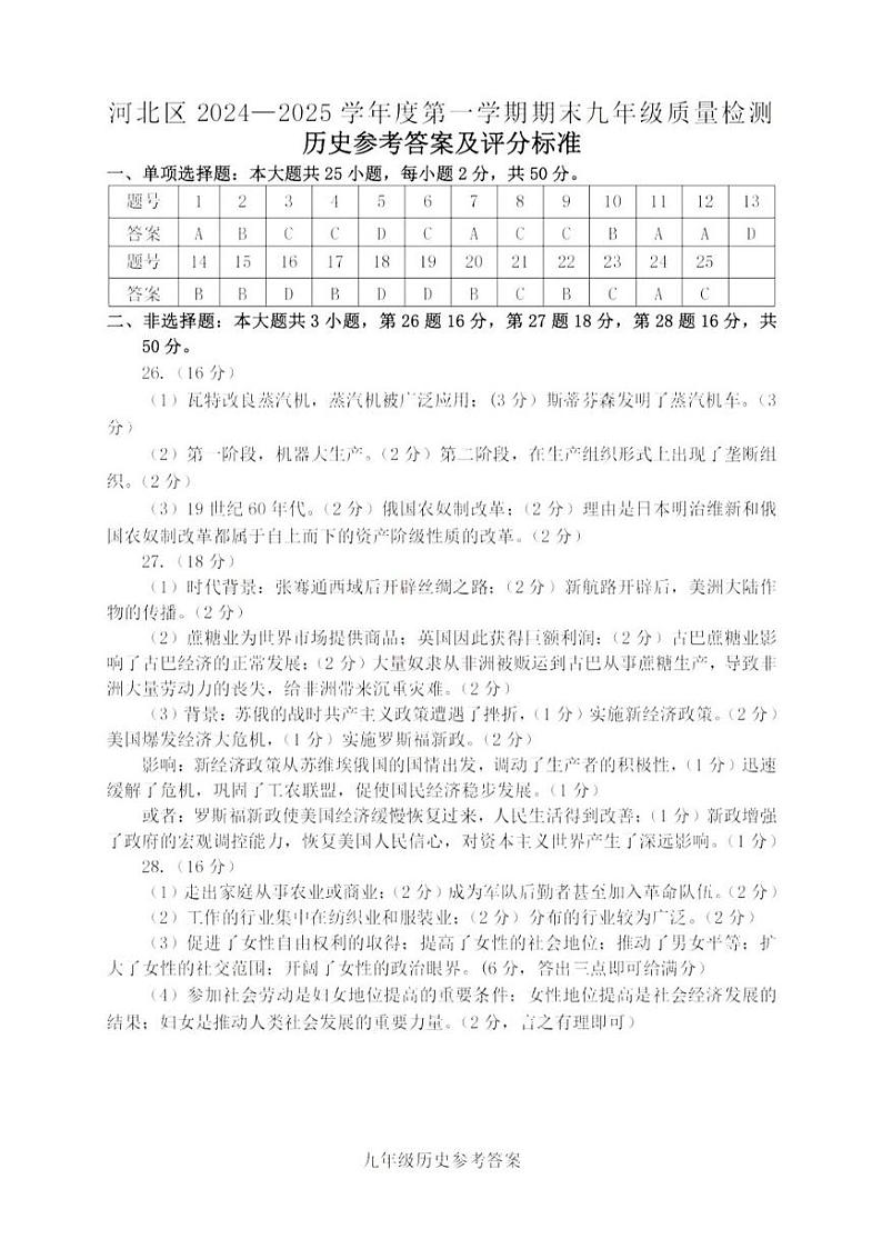 天津市河北区2024-2025学年九年级上学期期末历史试题（解析版）第1页