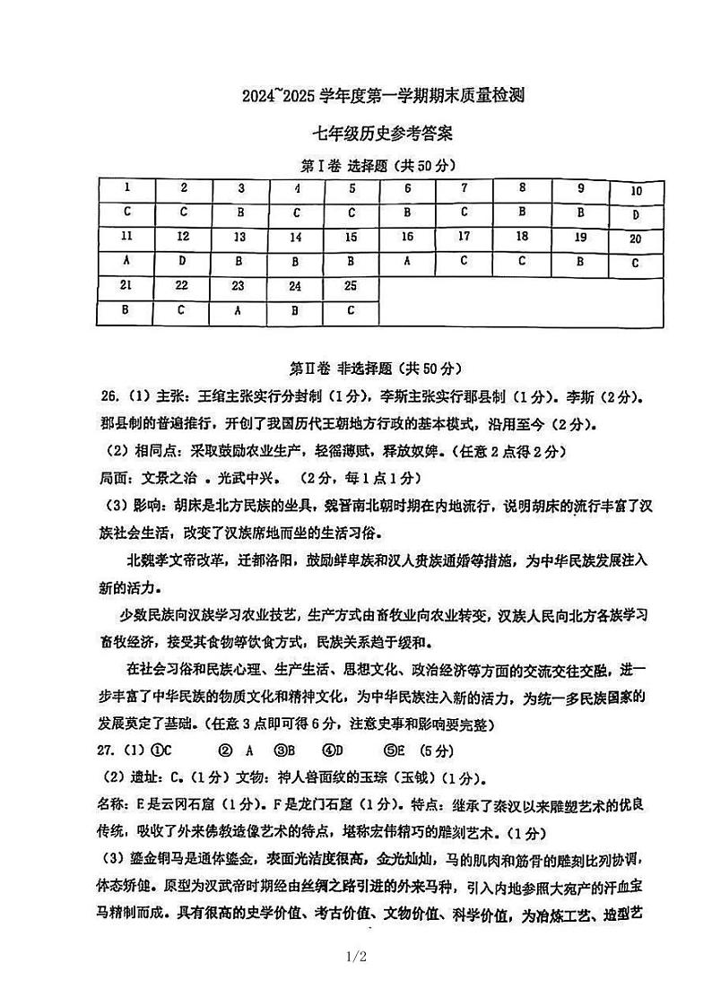 天津市河东区2024-2025学年七年级上学期期末考试 历史试题（解析版）第1页