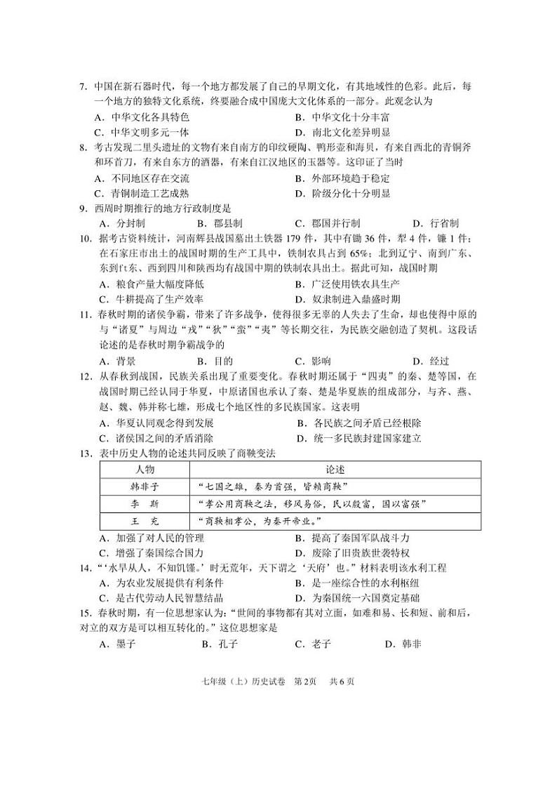 2024～2025学年四川省眉山市仁寿县七年级上期末教学质量监测历史试卷(含答案)第2页