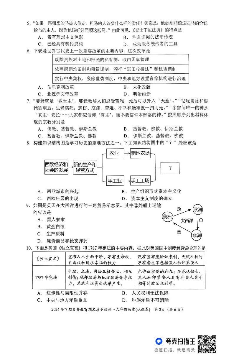 湖南省永州市零陵区2024-2025学年九年级上学期期末考试历史试题第2页