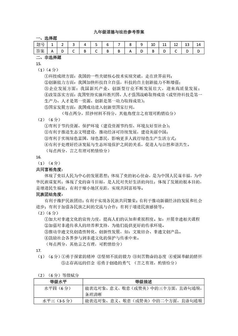 九年级道德与法治增补答案第1页