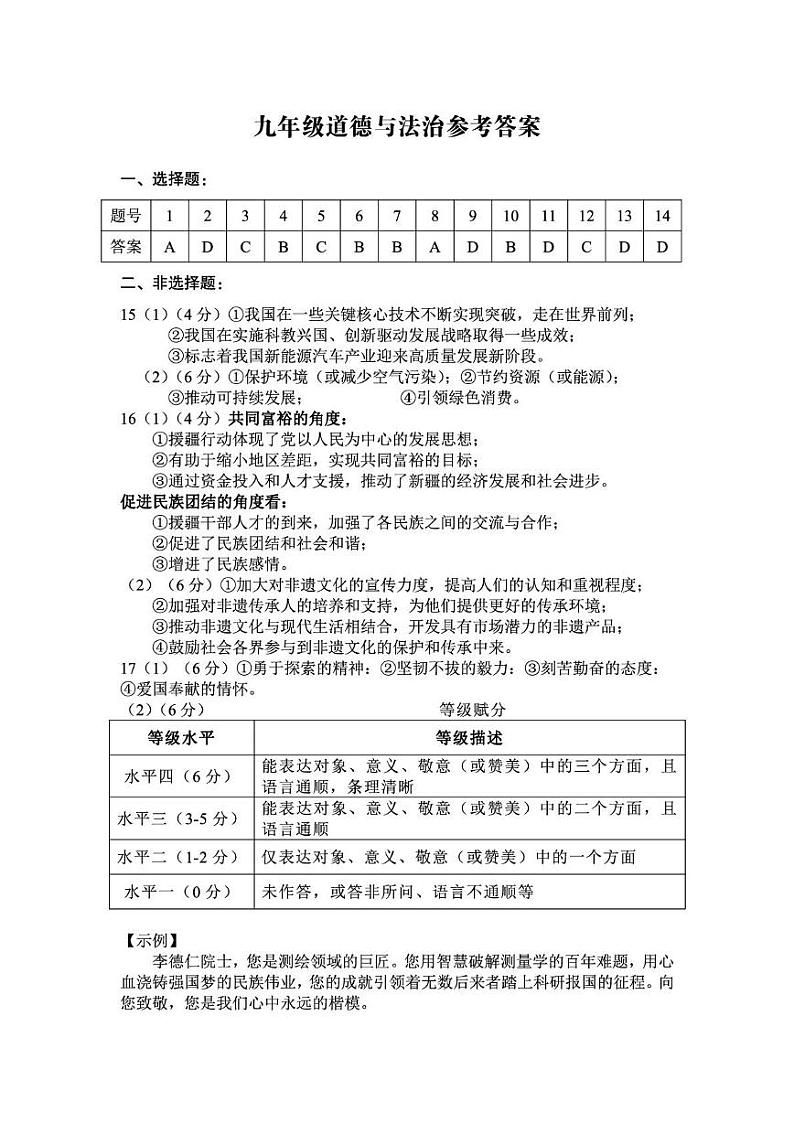 九年级道德与法治试卷 参考答案第1页