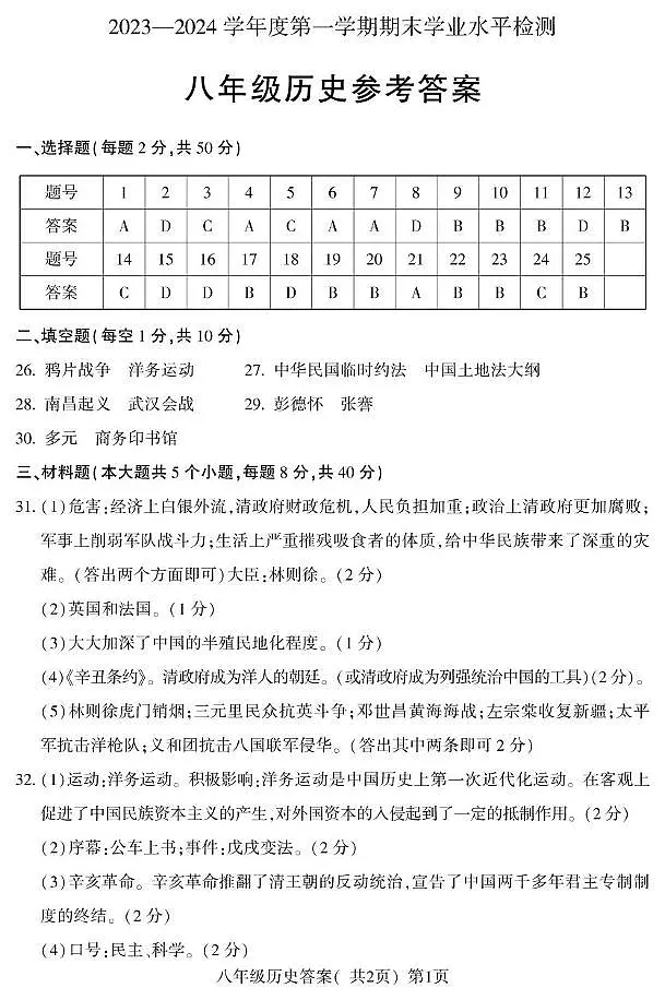 山东省聊城市莘县2023-2024学年度第一学期期末检测八年级历史试卷及答案 8历史第1页