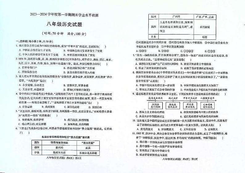 山东省聊城市莘县2023-2024学年度第一学期期末检测八年级历史试卷及答案 山东省聊城市莘县2023-2024学年度第一学期期末检测八年级历史试卷第1页