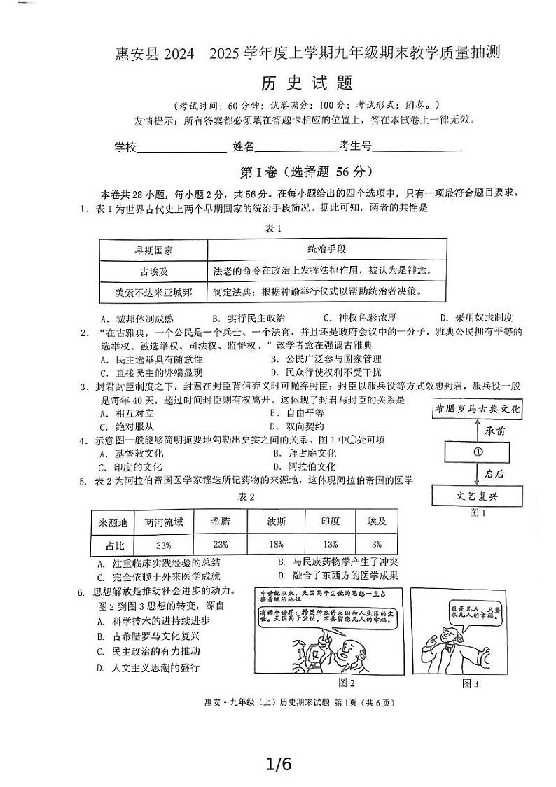 福建省泉州市惠安县2024-2025学年部编版九年级历史上学期期末教学质量检测试题第1页