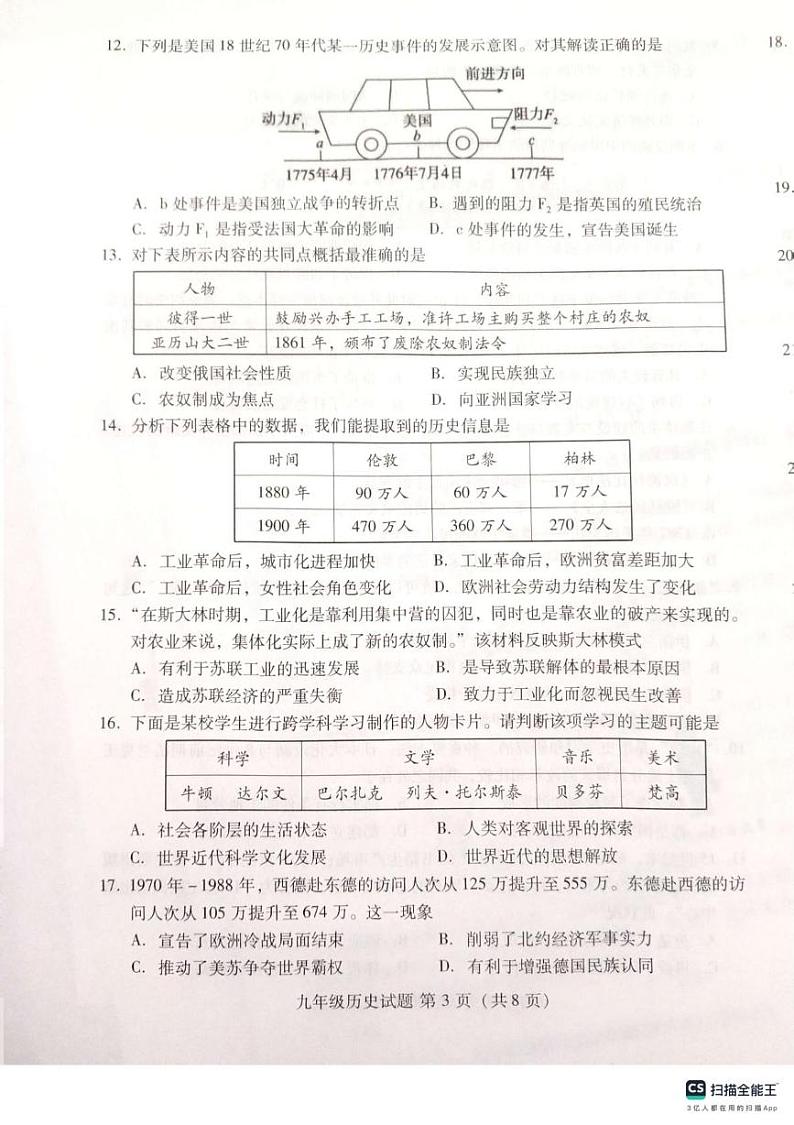 山东省潍坊市寒亭区2024-2025学年九年级上学期1月期末历史试题第3页