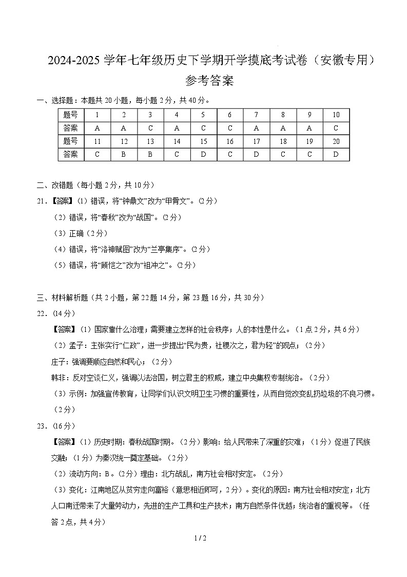 【开学摸底考】2024-2025学年春季期七年级历史开学摸底考（安徽专用）（参考答案）第1页