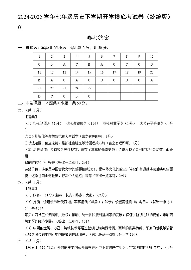 【开学摸底考】2024-2025学年春季期七年级历史开学摸底考（统编版2024）01（参考答案）第1页