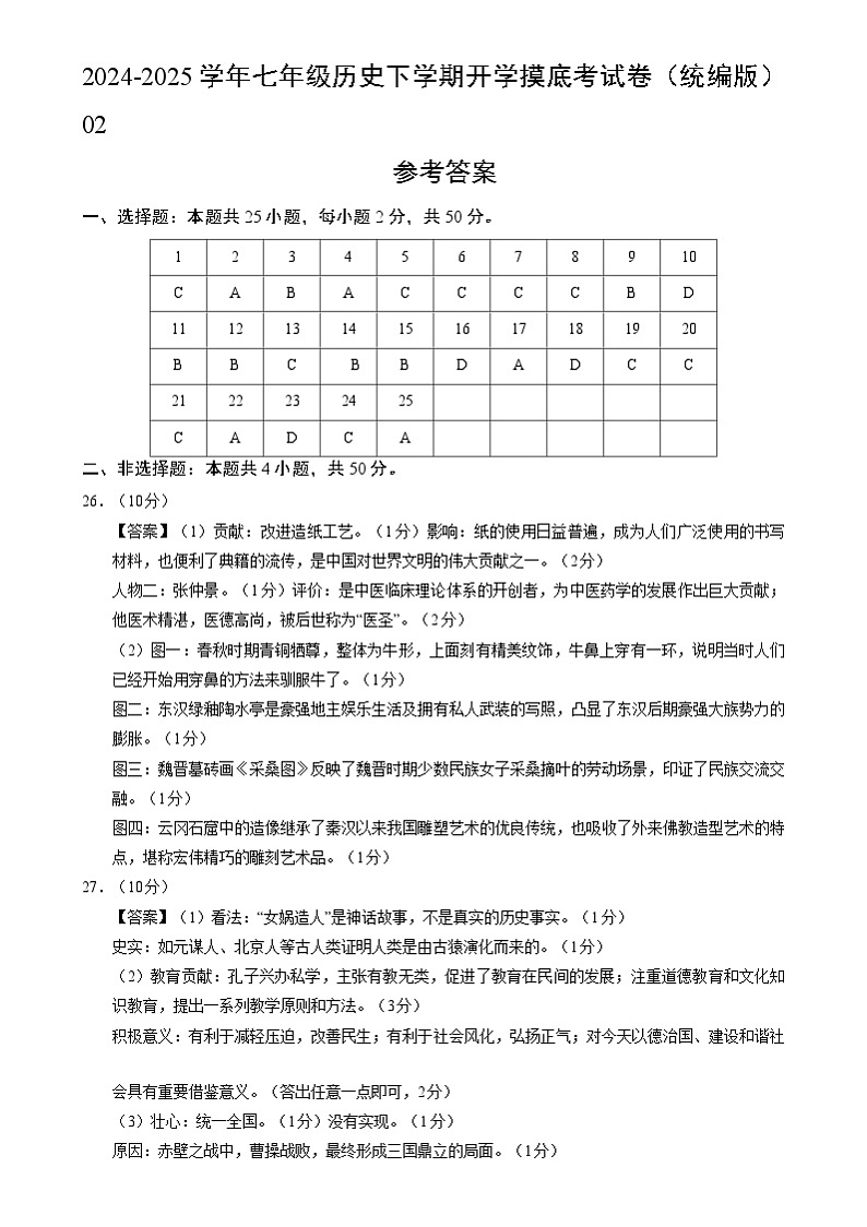 【开学摸底考】2024-2025学年春季期七年级历史开学摸底考（统编版2024）02（参考答案）第1页