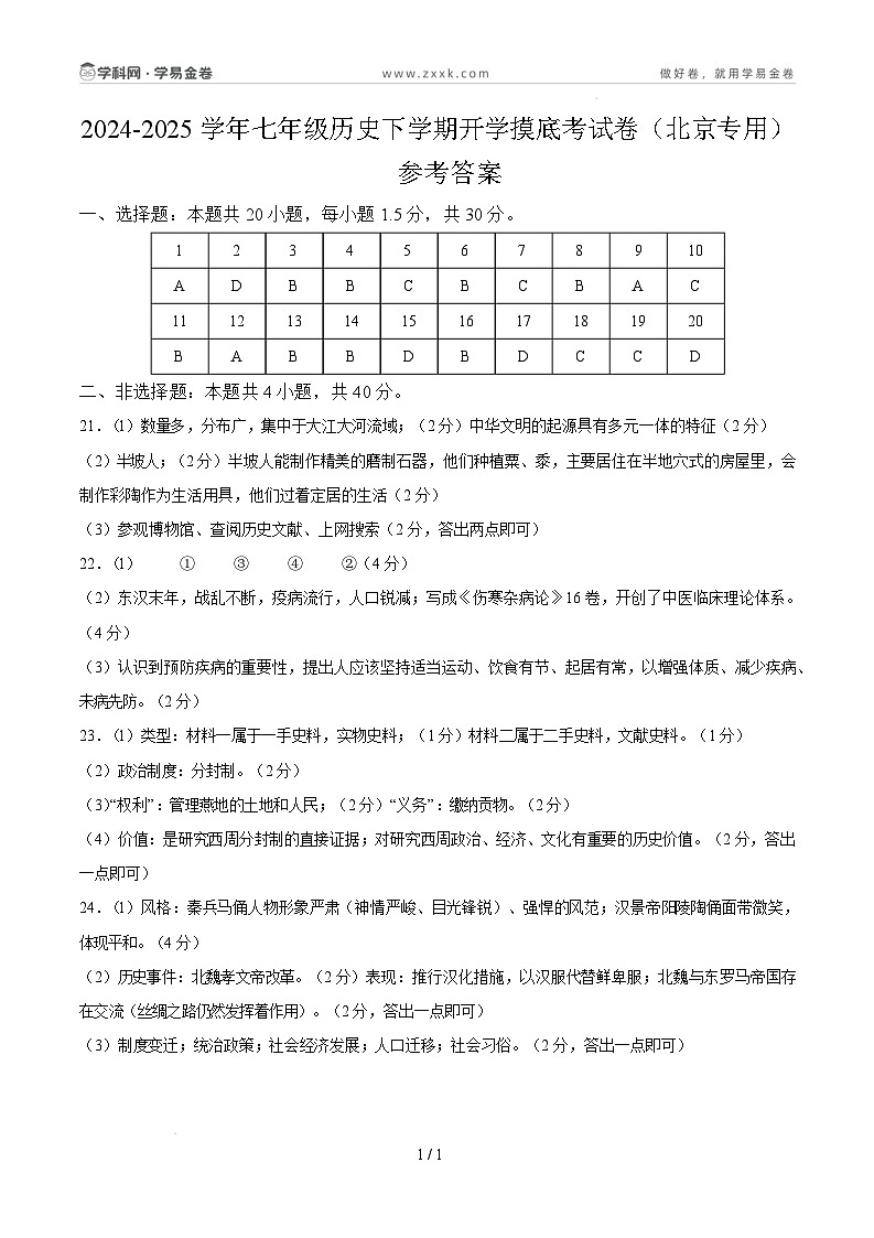 【开学摸底考】2024-2025学年春季期七年级历史开学摸底考（北京专用）（参考答案）第1页