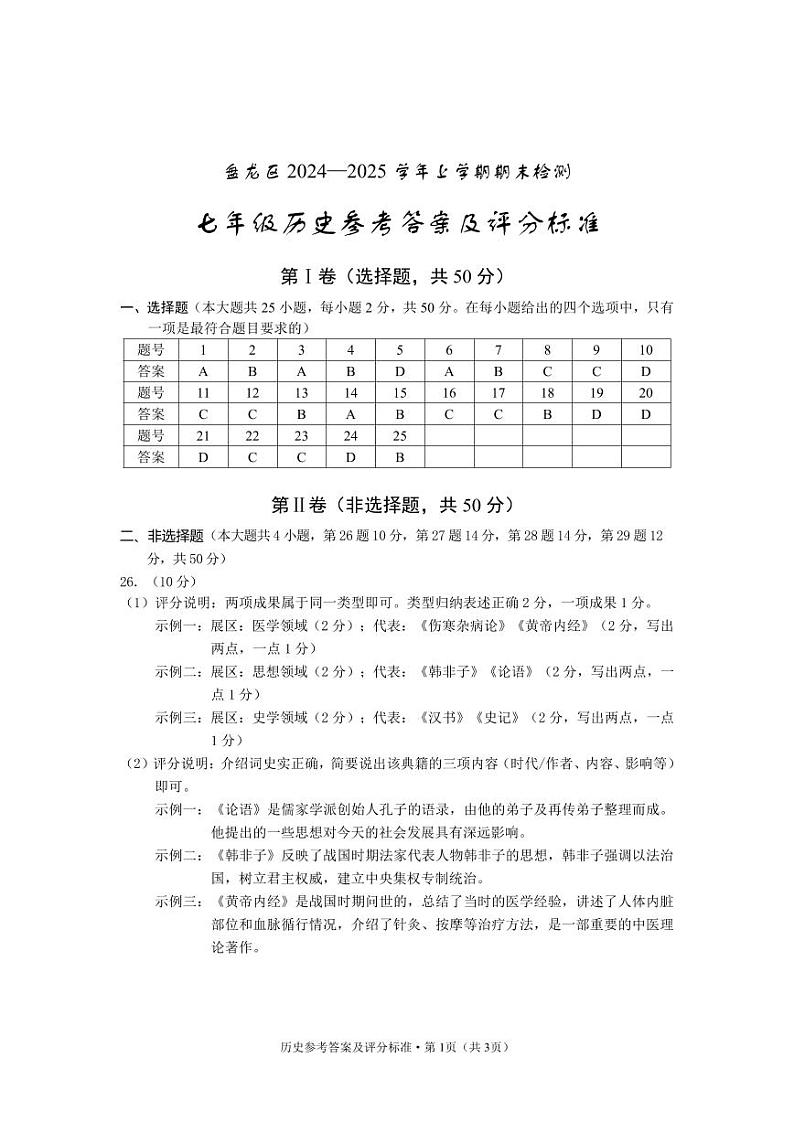【05历史】盘龙区2024-2025学年上学期期末质量监测七年级历史答案（pdf原版）第1页