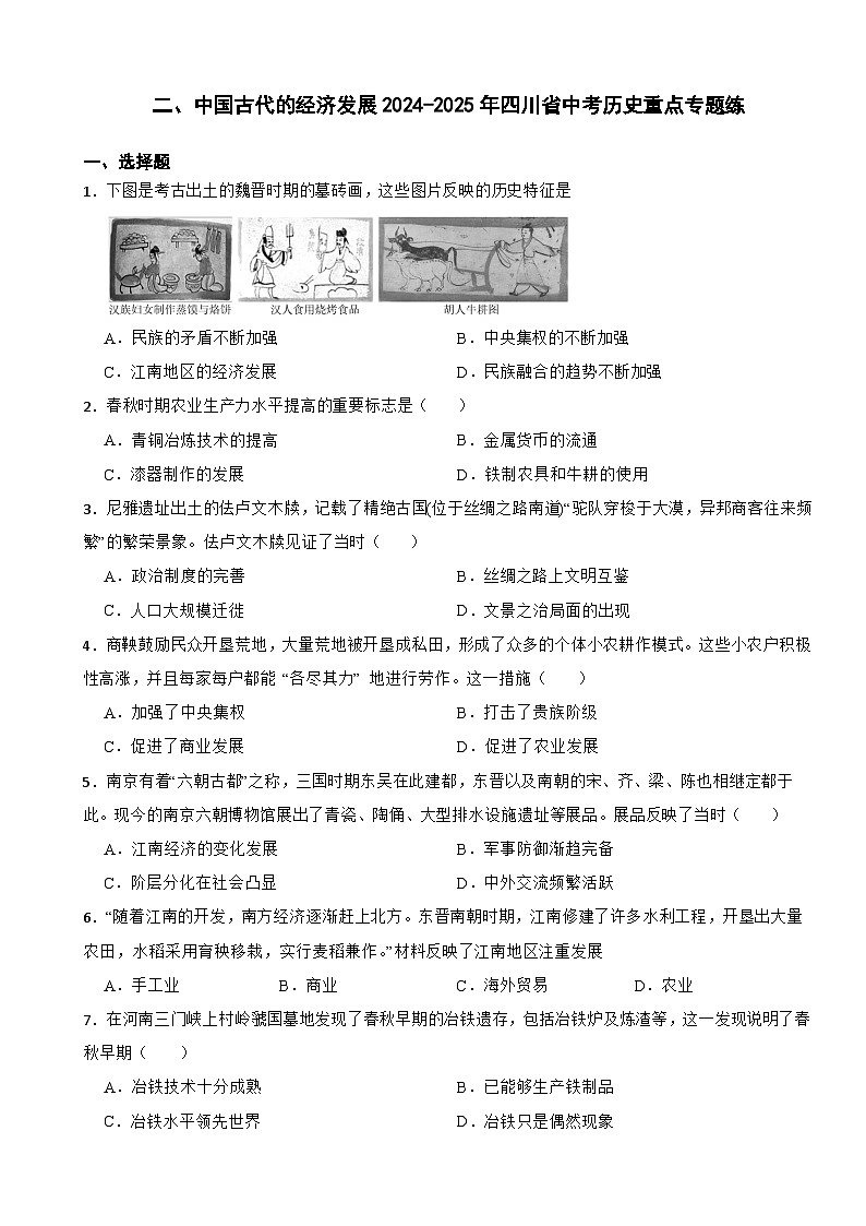 二、中国古代的经济发展2024-2025年四川省中考历史重点专题练第1页
