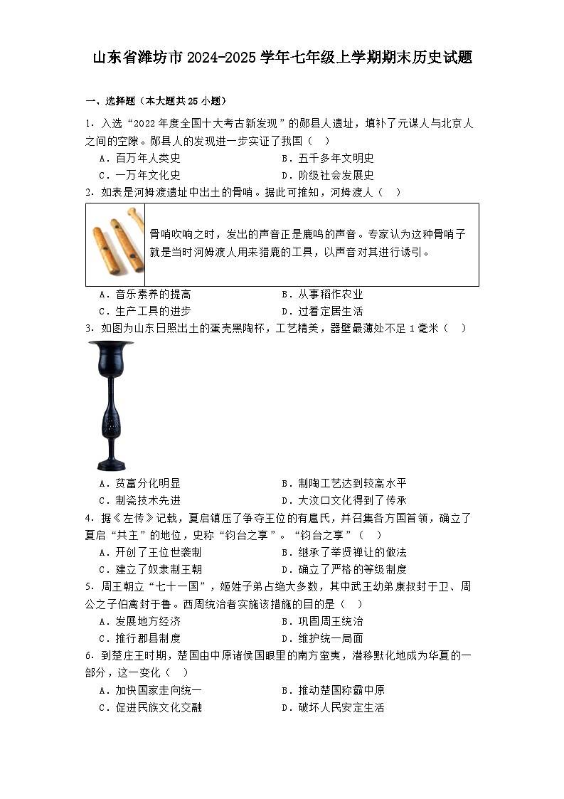山东省潍坊市2024-2025学年七年级上学期期末历史试题第1页