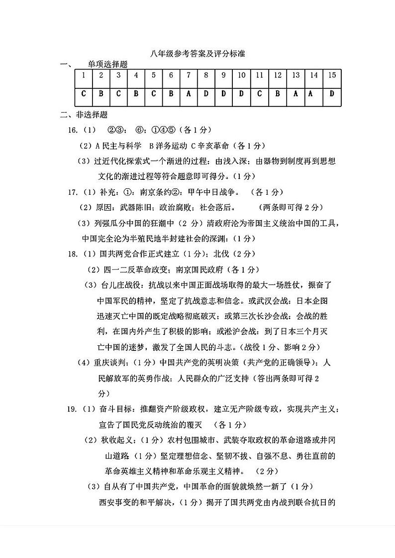 八年级参考答案及评分标准第1页