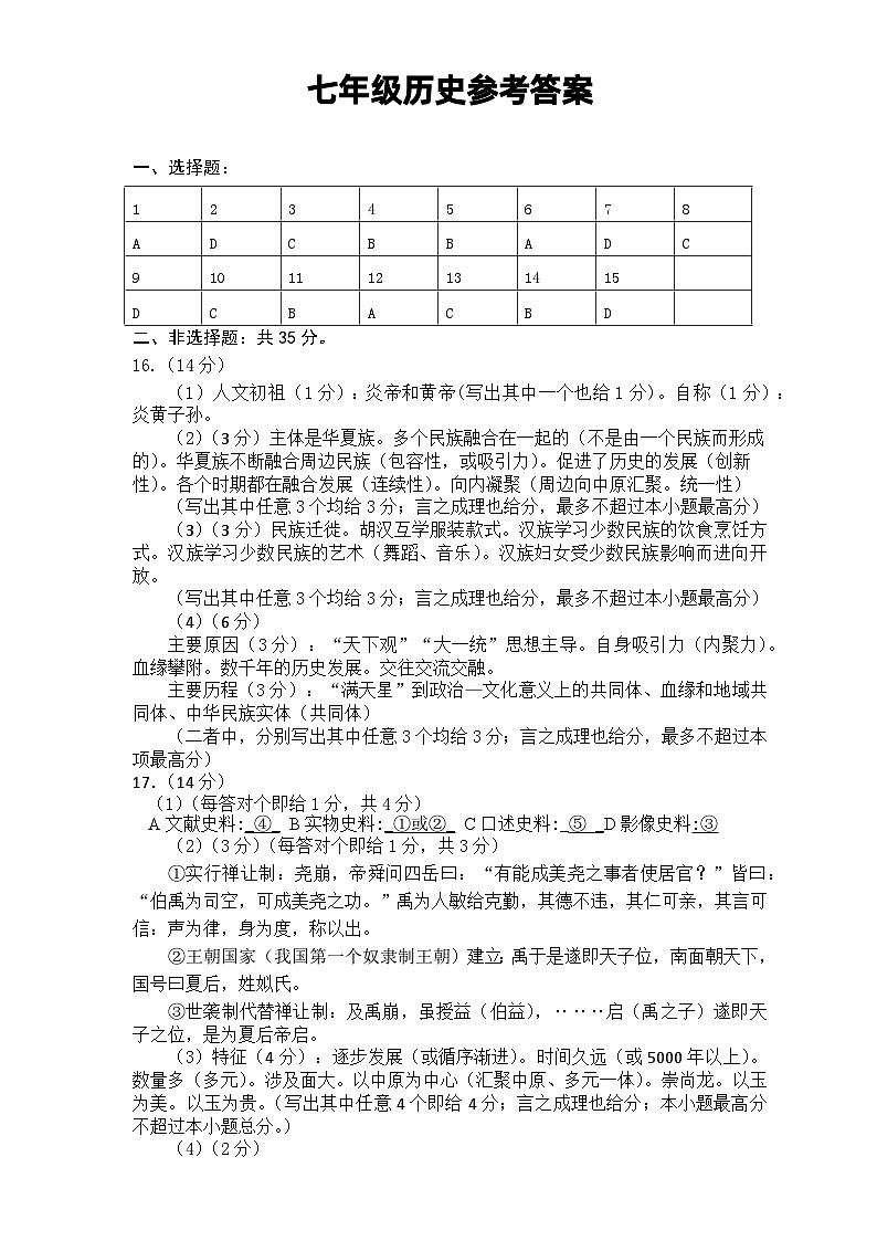 七年级历史试卷（参考答案）第1页