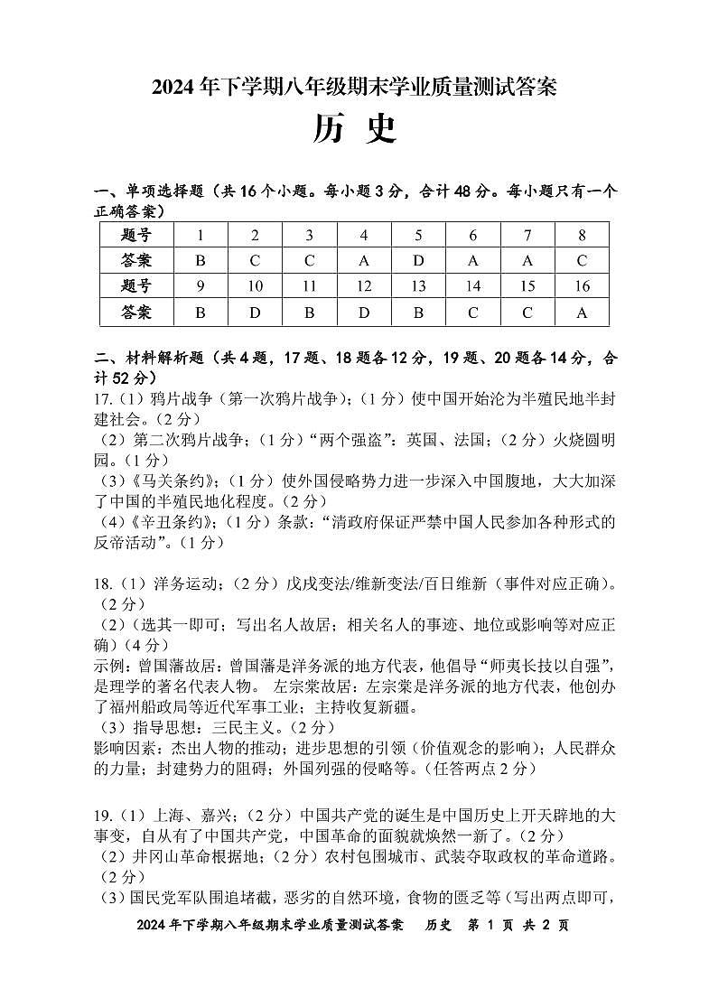 2024年下学期八年级历史参考答案第1页