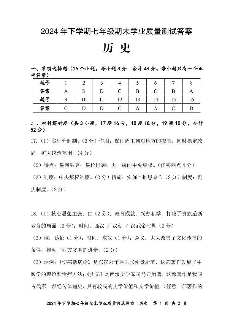 2024年下学期七年级历史参考答案第1页