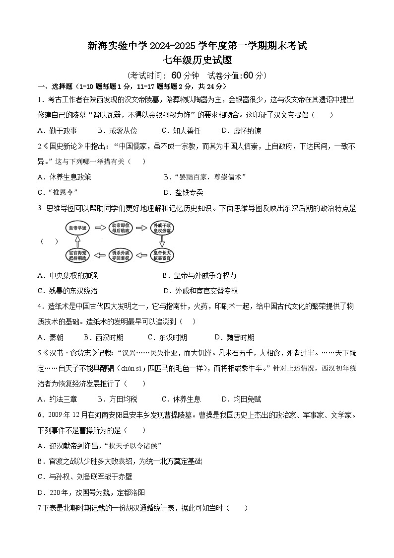 江苏省连云港市新海实验中学2024-2025学年七年级上学期期末考试历史试题（含答案）第1页
