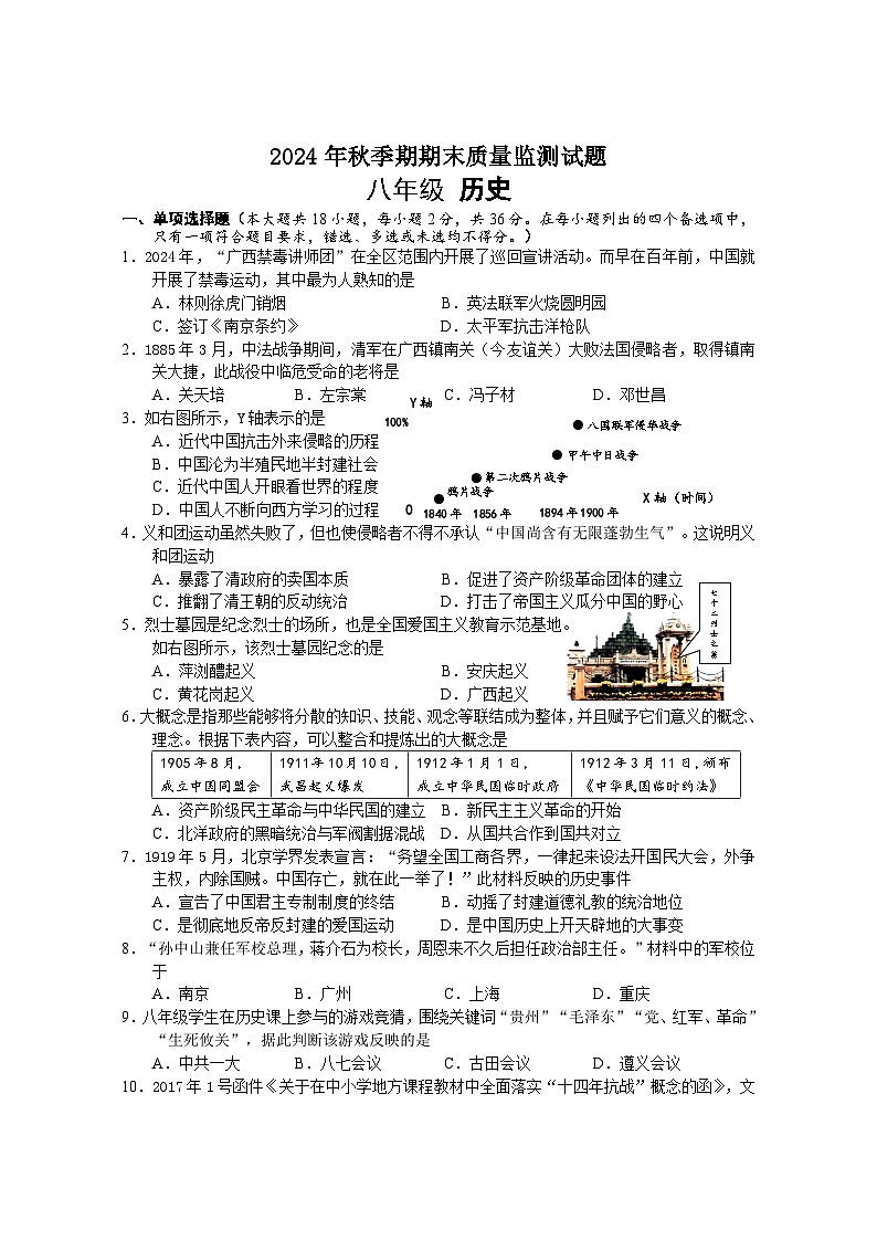 2024年秋季期八上历史期末考试题第1页