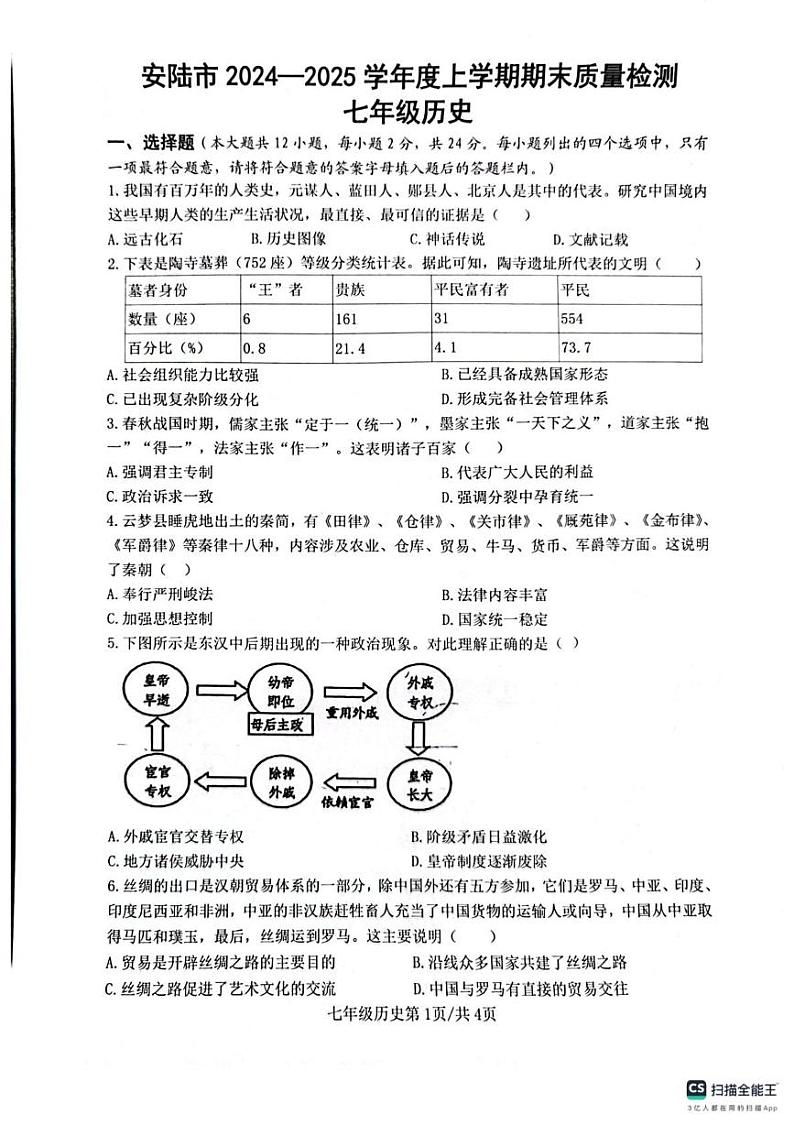 湖北省安陆市2024-2025学年七年级上学期期末质量检测历史试卷第1页