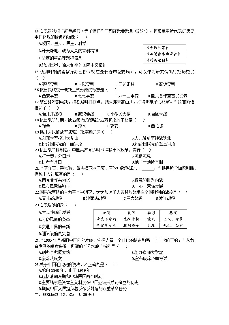 吉林省第二实验学校2024-2025学年八年级上学期期末历史试卷（文字版，含答案）第2页